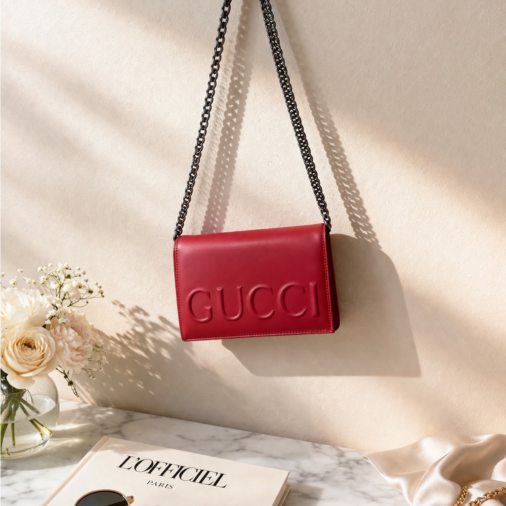 Red Leather Shoulder Bag with Chain Strap